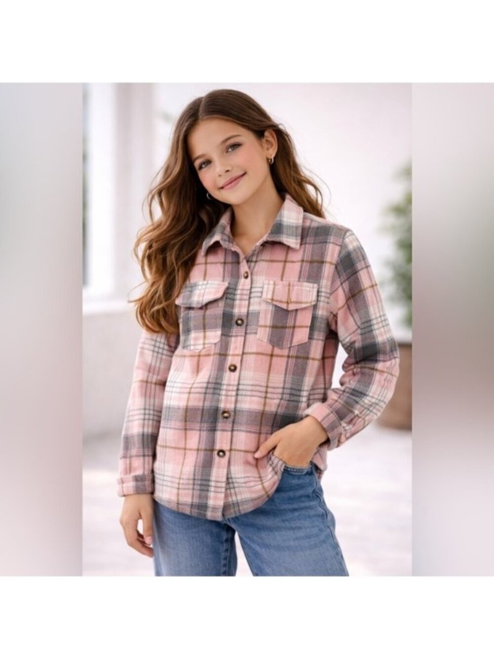 SHEIN Girls Pink Plaid Flannel Shirt Jacket Size 10Y Button Front